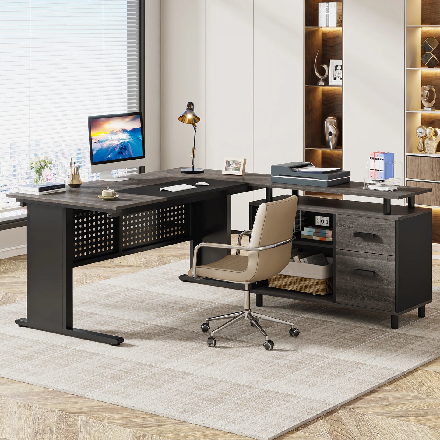 Tribesigns 63 Inch Executive Desk with File Cabinet, Large Office Desk L Shaped Computer Desk with Drawers and Storage Shelves