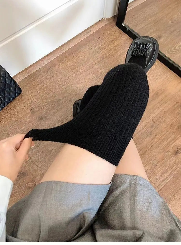 Long Socks Women Soft Wool Cashmere Socks Winter Solid Knitted Stocking Skinny Casual Knee High Fluffy Warm Thicken Girls Socks