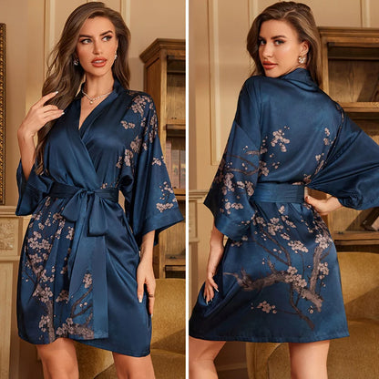 Navy Blue Print Flower Robe Nightgown Silk Satin Female Sleepwear Nightdress Spring Summer Loose Kimono Bathrobe Gown Home Wear
