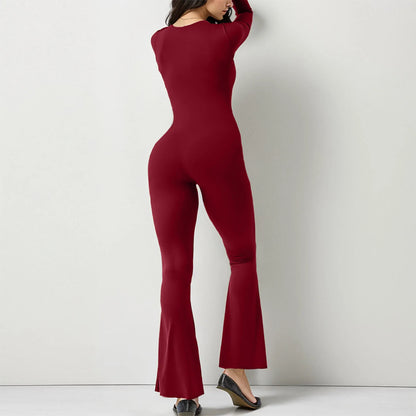 New Popular Women Wide Leg Yoga Bodysuit Outfit One Piece Gym Fitness High Quality Sport Long Sleeve Plus Size Jumpsuit