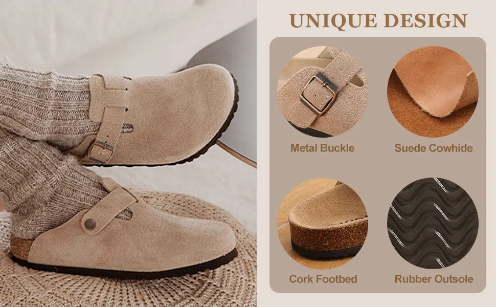 Crestar Women's Suede Clogs Lady Fashion Buckle Leather Mules Comfort Cork Footbed Potato Shoes with Arch Support Beach Sandal