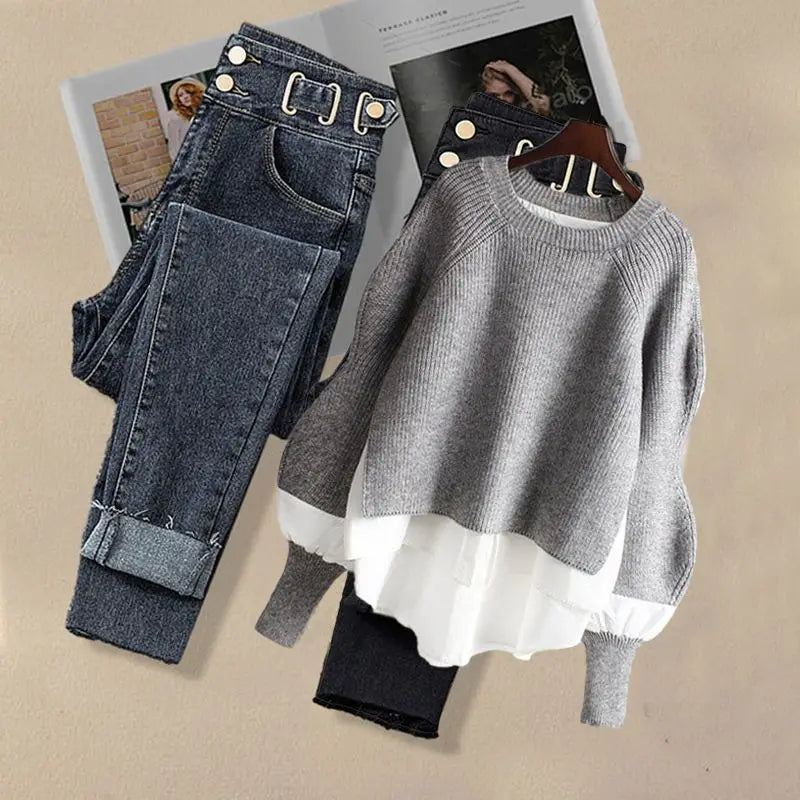 2026 Spring Autumn New Vintage Jeans Matching Set Women's Korean Elegant Fake Two Piece Knit Sweater+High Waist Denim Pants Suit