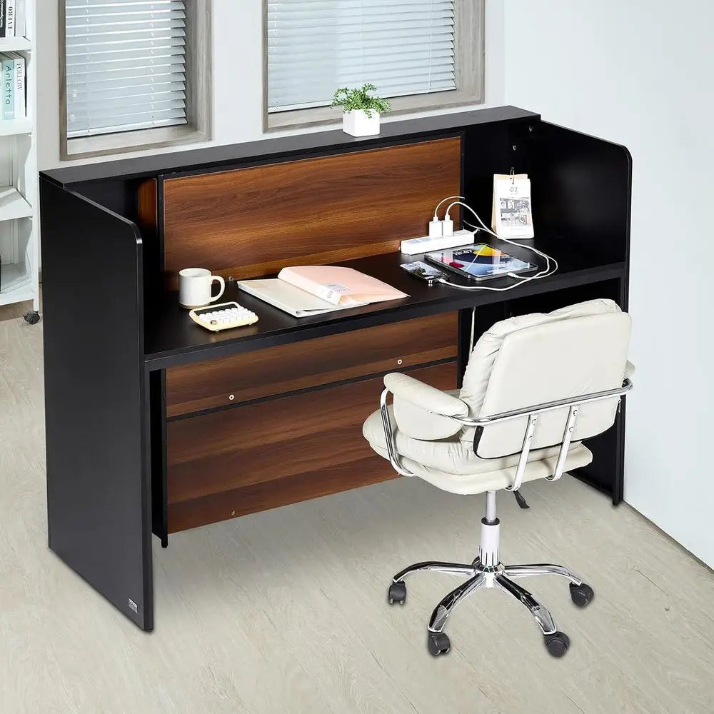62 Rectangular Front Counter Desk with LED Light for Retail, Lobby, and Office Use, Black & Brown