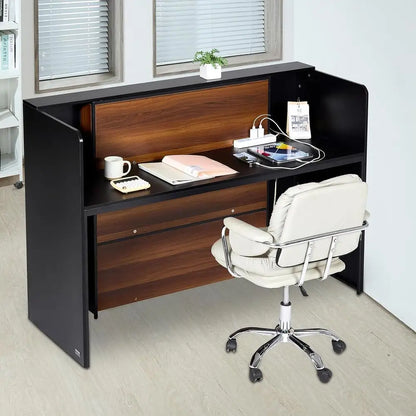 62 Rectangular Front Counter Desk with LED Light for Retail, Lobby, and Office Use, Black & Brown
