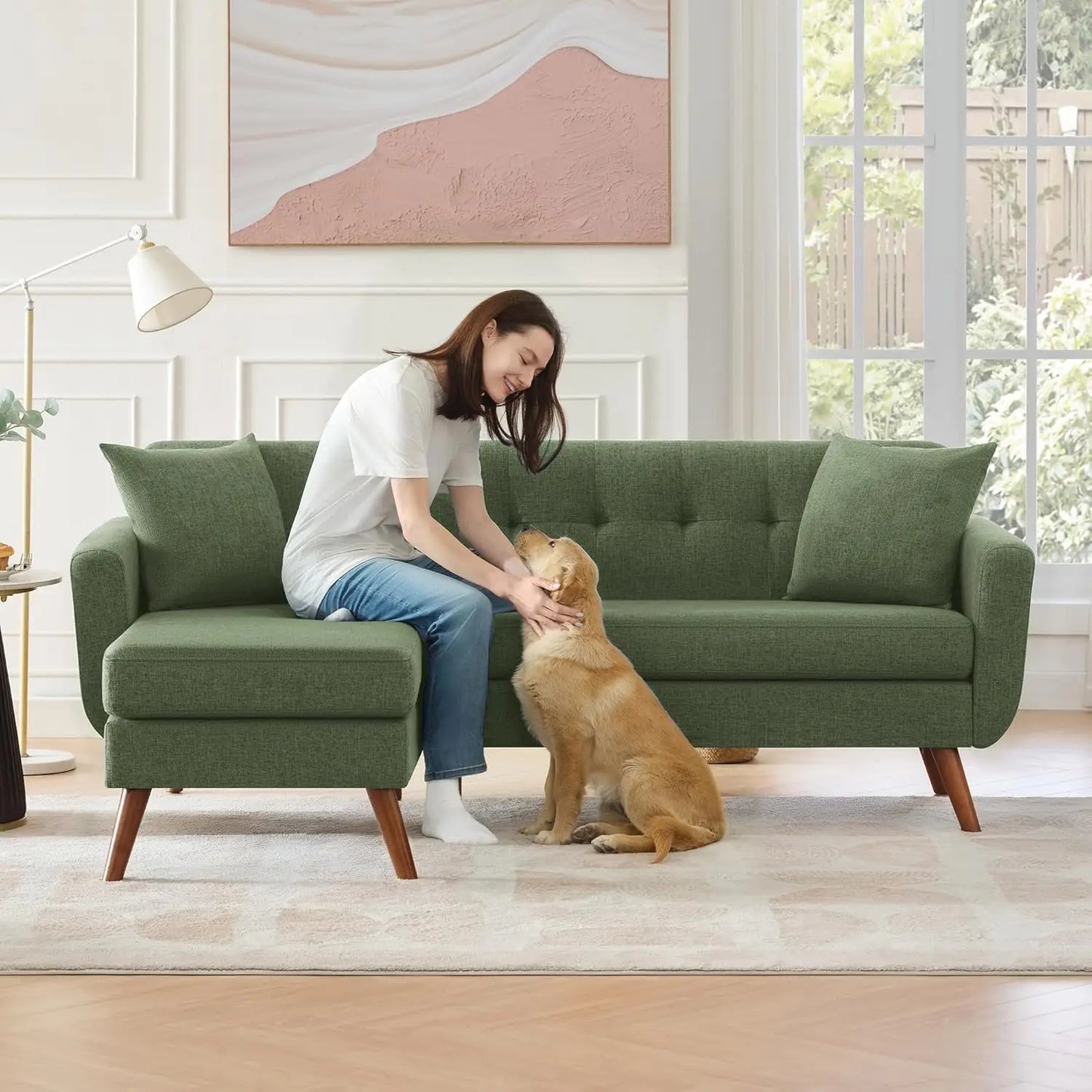 L Shaped Couch Sofa, 80" W Mid-Century Modern Sectional Couches, 3 Seater Sofas with Wide Chaise Lounge, Button, Customized