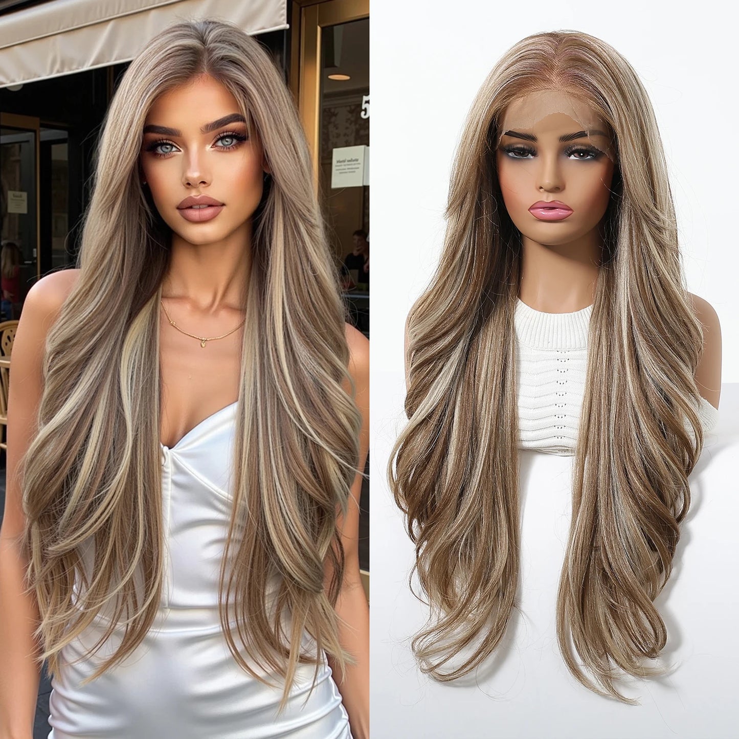 EASIHAIR Long Wavy HD Lace Front Synthetic Wigs for Women Natural Wave Blonde Wigs With Dark Roots 13*6 Lace Wigs Heat Resistant