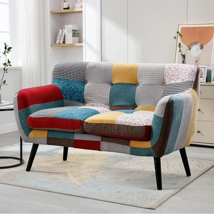 Modern Boho Loveseat Couch Sofa Chair for Living Room Bedroom, Upholstered Colorful Plaid Fabric 2-Seat Love Seat, Customized