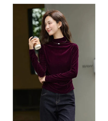VIMLY Women's Red Velvet T-shirt Casual Knitted Slim Fit Tops Winter 2026 Vintage Mock Neck Folds Long Sleeve Ladies Tees A3305