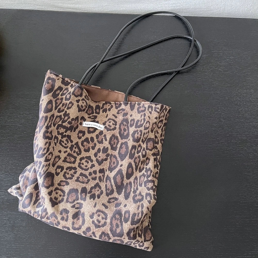 Vintage Faux Suede Women's Leopard Shoulder Bags PU Strap Double Side Female Purse Handbags Fall Winte Canvas Tote Underarm Bag