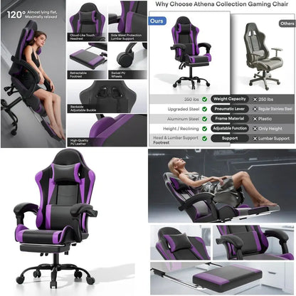 Purple Ergonomic Gaming Chair with Adjustable Height, Footrest, Headrest, and Lumbar Support for Kids and Adults