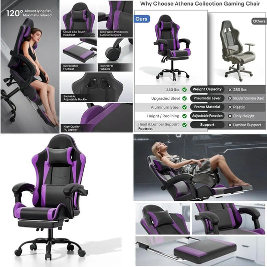 Purple Ergonomic Gaming Chair with Adjustable Height, Footrest, Headrest, and Lumbar Support for Kids and Adults