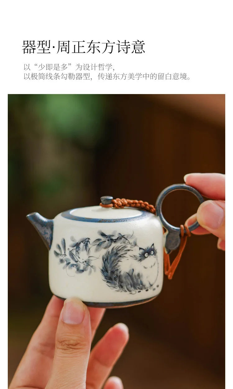 102ml Hand Painted Cat Teapot Ancient Tea Infuser Pot Household Tea Maker Kettle With Filter Dahongpao Drinkware Supplies Craft