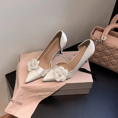 Two Piece High Heel Women's Shoes with Silk Satin Flower Decoration Women's High Heel Sandals Luxury Designer Women's Shoes