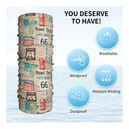 Custom Travel Motorcycle Ride Route 66 Bandana Winter Neck Warmer Windproof Wrap Face Scarf for Hiking Highways Gaiter Headband