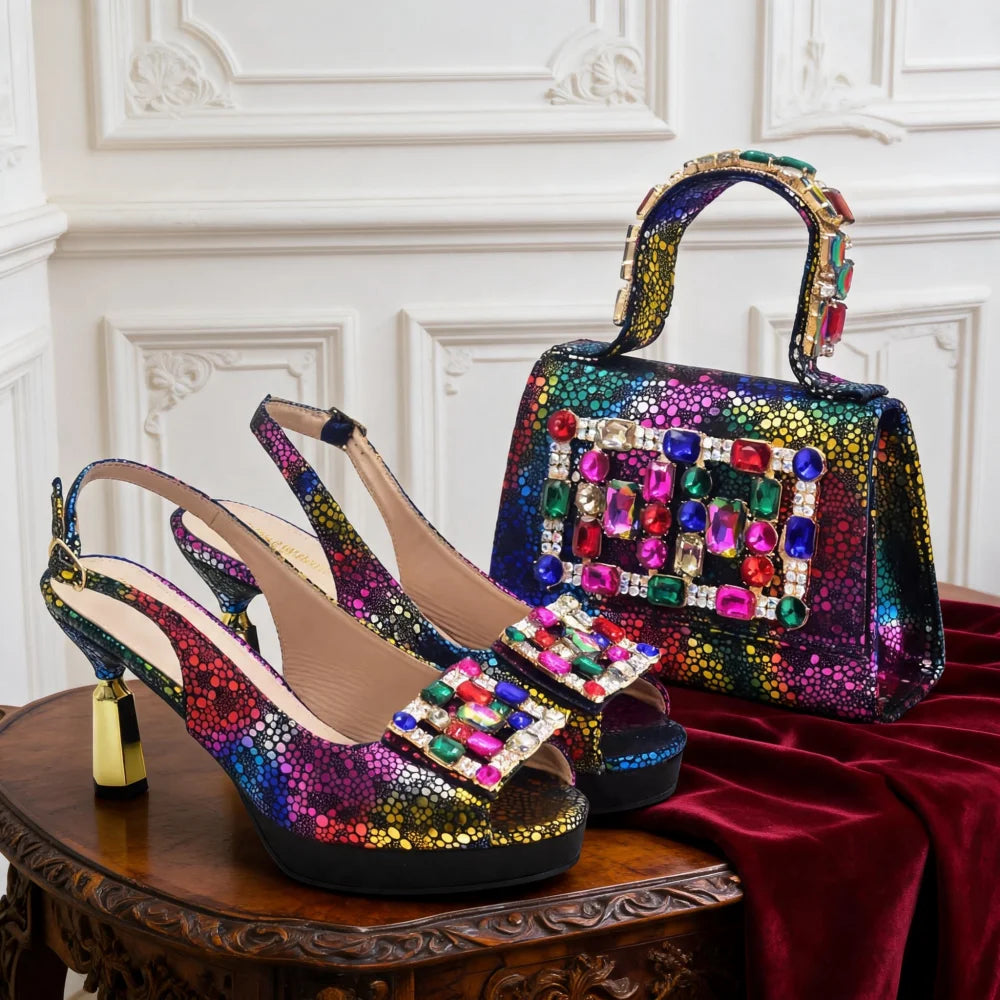Italian Matching Nigerian Shoe and Bag Decorated with Rhinestone African Shoes and Bags Matching Set Luxury Wedding Woman Shoe