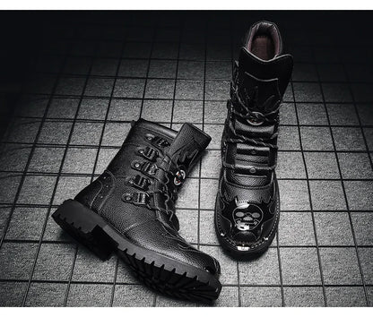 Men Motorcycle Boots Fashion Mid-Calf Punk Rock Punk PU Leather Black High Top Mens Casual Boot Steel Toe Shoes Big Size 38-46