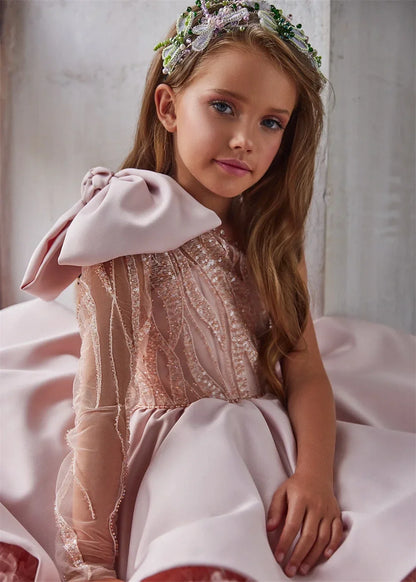 Lovely White Satin Flower Girl Dress for Wedding Dresses Little Princess Bow Kids Birthday Party Evening Customise Gowns