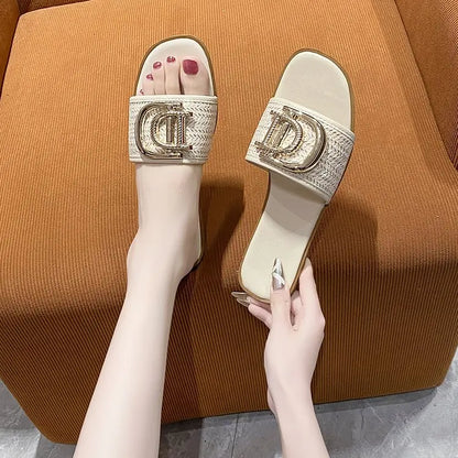 Women Luxury Decor Weave Design Flat Sandals Fashion Open-toe Vacation Casual Slides Party Sexy Elegant Office-Ladies New Shoes