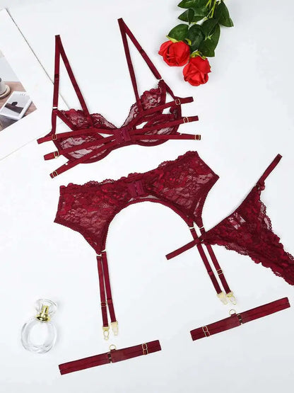 Sexy Bodysuit Sets Elegant Newest Product Diamond Decoration Grain Sexy Lace Hollow Out Design Underwear Set With Steel Rim UBNS