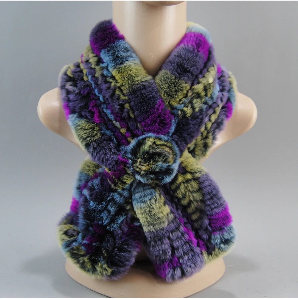 Hot Russian Women Knit Real Rex Rabbit Fur Scarf Lady Fashion Floral Rex Rabbit Fur Mufflers Hot Winter Warm Natural Fur Scarves