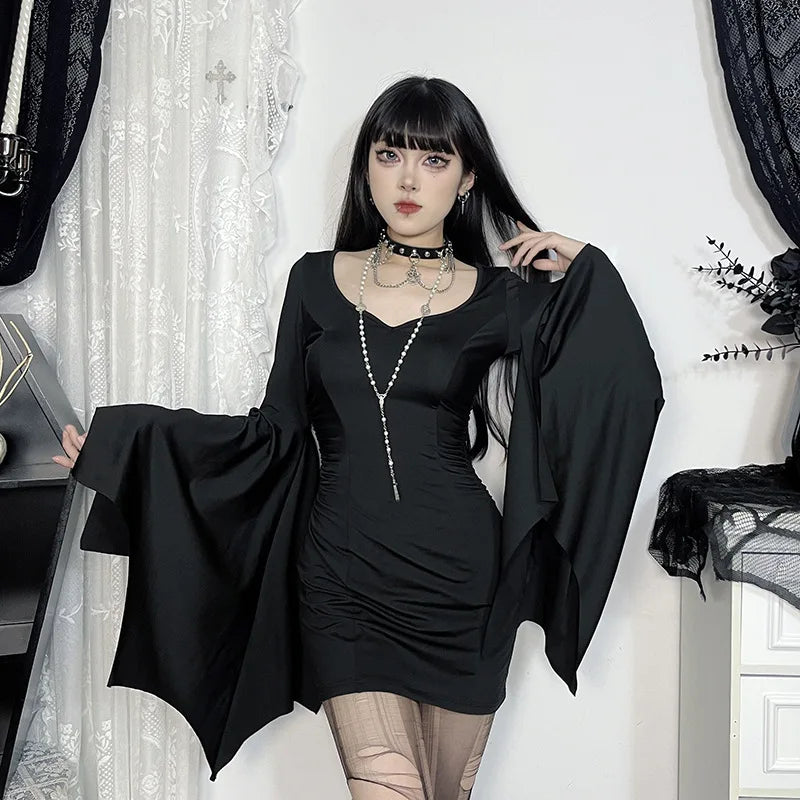 Goth Dark Cospaly Partywear Women Fashion Batwing Sleeve Mini Dress Elegant Slim Pleat Bodycon Dresses Mall Gothic Alt Teachwear