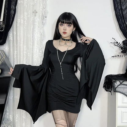 Goth Dark Cospaly Partywear Women Fashion Batwing Sleeve Mini Dress Elegant Slim Pleat Bodycon Dresses Mall Gothic Alt Teachwear