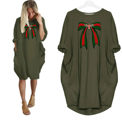 Ladies' summer loose bee bow pattern printed round neck short sleeved pocket comfortable casual plus size dress