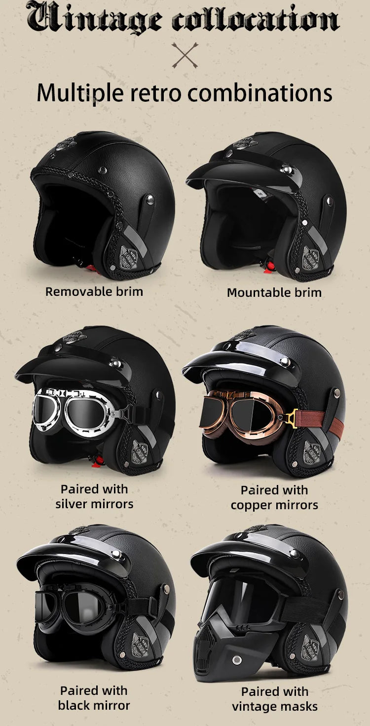 Retro motorcycle helmet, electric scooter 3/4 helmet, lightweight and breathable, suitable for all seasons