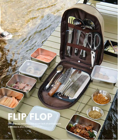 Outdoor Camping BBQ Cooking Gear Backpack Set - All-in-One Portable Kitchen with Great Looks And Practical Design