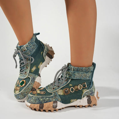 Luxury Rhinestone Casual Women's Sneakers High Top Thick Bottom Loafers 2026 Fashion Comfort Lace Up Women Shoes Tênis Feminino