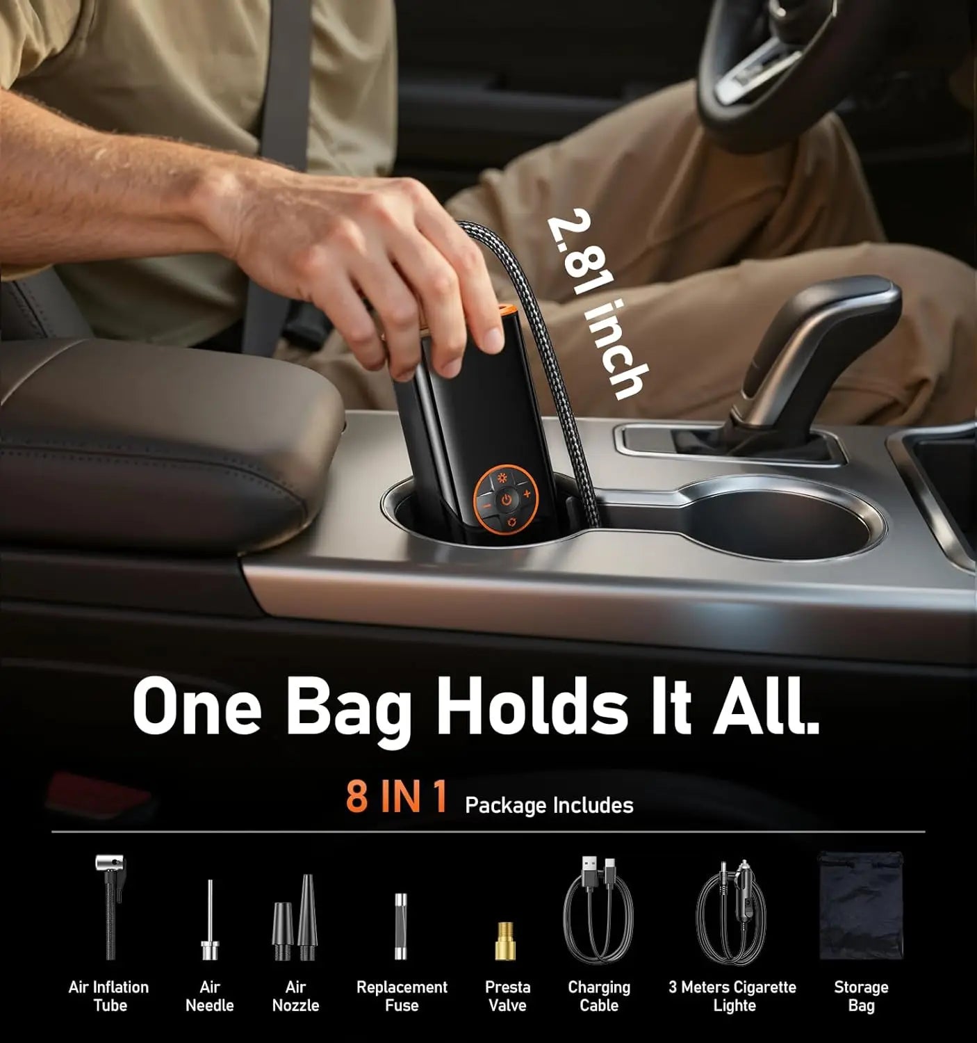 Tire inflator with digital pressure gauge and automatic power-off function, equipped with battery and 12V car adapter