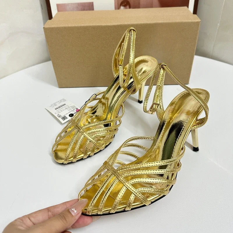 Women's Gold Roman Gladiator Sandals High Heels Stiletto Open Toe Ankle Strap Sexy Luxury Wedding Party Evening Dress Shoes