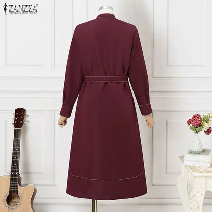 ZANZEA Fashion Long Shirt Dresses Women Elegant Streetwear Office Lady Midi Vestidos Belted Casual Autumn Long Sleeve Party Robe