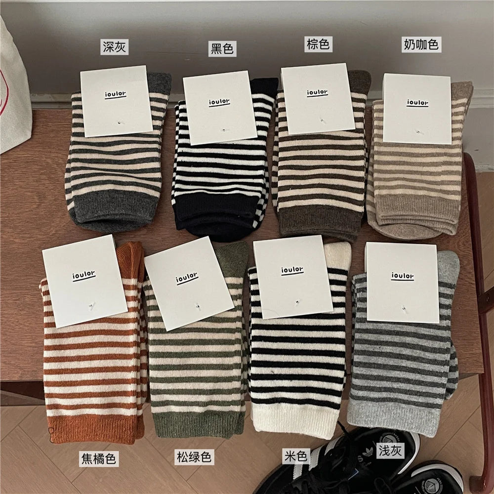 Korean Simple Colored Striped Cotton Socks Women’s Autumn Winter Breathable Middle Tube Socks College Style Trendy Casual Socks