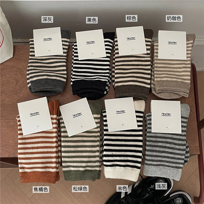 Korean Simple Colored Striped Cotton Socks Women’s Autumn Winter Breathable Middle Tube Socks College Style Trendy Casual Socks