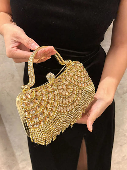 Diamond Evening Clutch Bag Golden Tassel Handbag Boutique Novelty Metallic Rhinestone Purses And Handbags Bridal Wedding Party