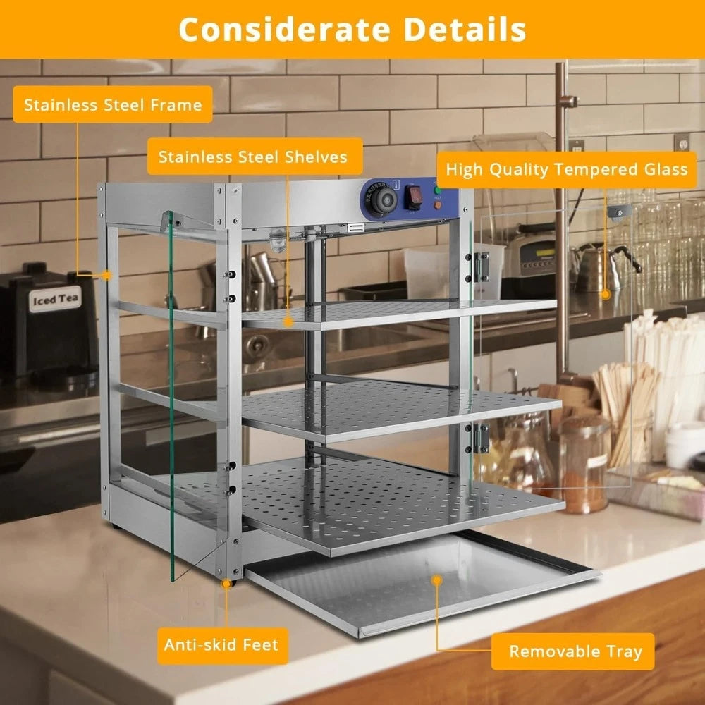 NEW 3-Tier Food Warmer, 800W Commercial Food Warmer Display Electric Countertop Food Pizza Warmer with LED Lighting -Hot Sale
