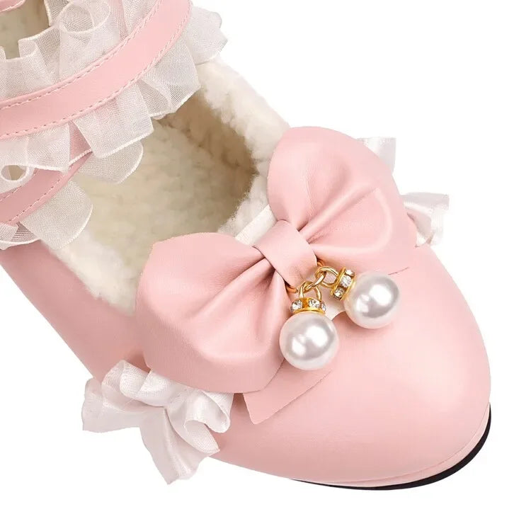 Cross Strap Women High Heels Mary Jane Pumps Party Wedding Cosplay White Pink Black Strawberry Bow Princess Cosplay Lolita Shoes