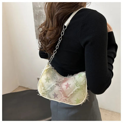 Women's Tote Bag with Star Pattern Blue Distressed Design, Golden-Tone Hardware, Stylish Handbag Shoulder Bag for Everyday Use