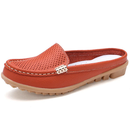 Women Casual Shoes Hollow Out Lady Half Lofers Genuine Leather Flats Moccasins Women Luxury Brand Half Slippers Zapatillas Mujer