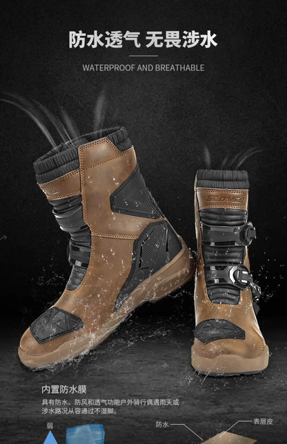Retro Motorcycle Boots Cowhide Waterproof Mid-Calf Long riding Boots Men Women Riding Motocross Bota Motorbike Motocross Shoes