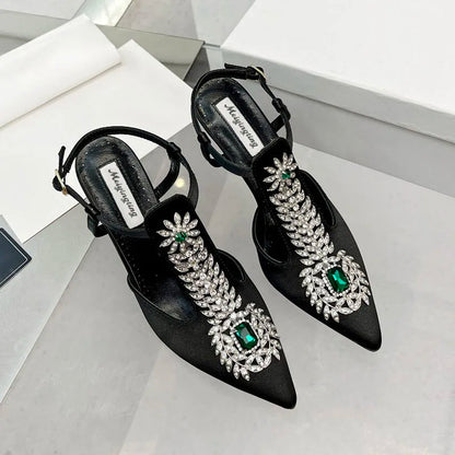 Ladies Wedding Shoes Rhinestone Pointed Toe High Heels Satin Gemstone Stiletto Sandals 2022 New Baotou Fairy Pump Wedding Shoes