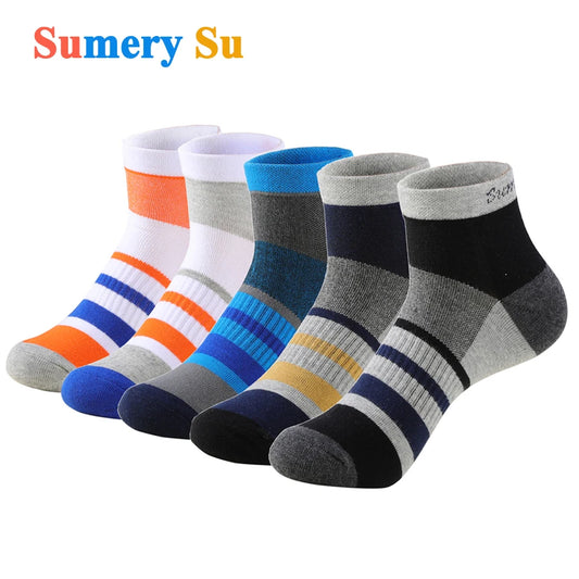 5 Pairs/Lot Running Socks Men Ankle Colorful Stripes Combed Cotton Outdoor Gym Compression Short Male Socks 5 Colors New 2025