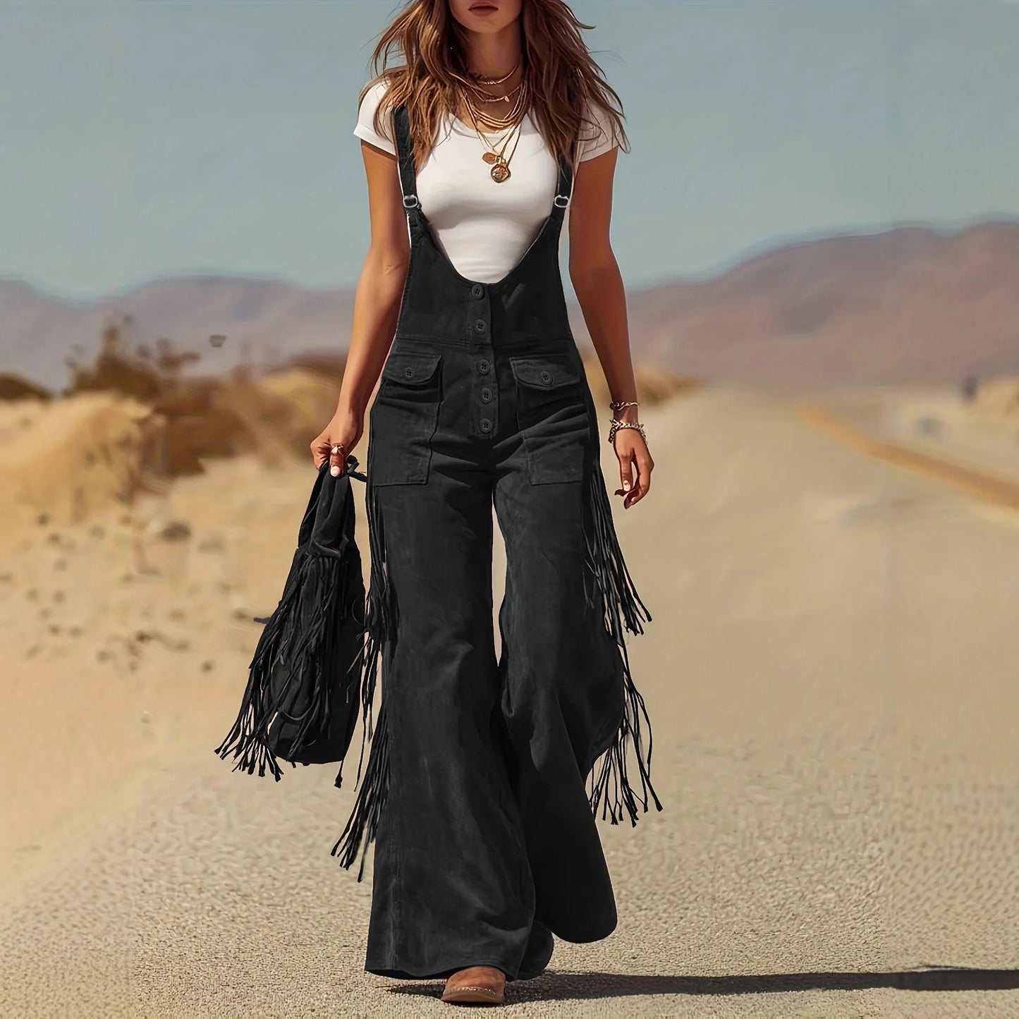 European American Women Jumpsuit Retro Western Suede Fringed Wide-leg Overalls Trousers with Adjustable Straps Cargo Pants