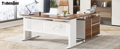 Tribesigns 63 Inch Executive Desk with File Cabinet, Large Office Desk L Shaped Computer Desk with Drawers and Storage Shelves