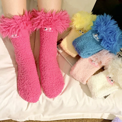 Funny Big Mouth Monster Plush Socks Cute And Fun Plush Socks Thick Coral Velvet Cartoon Sleeping Socks Winter Women Socks Gifts