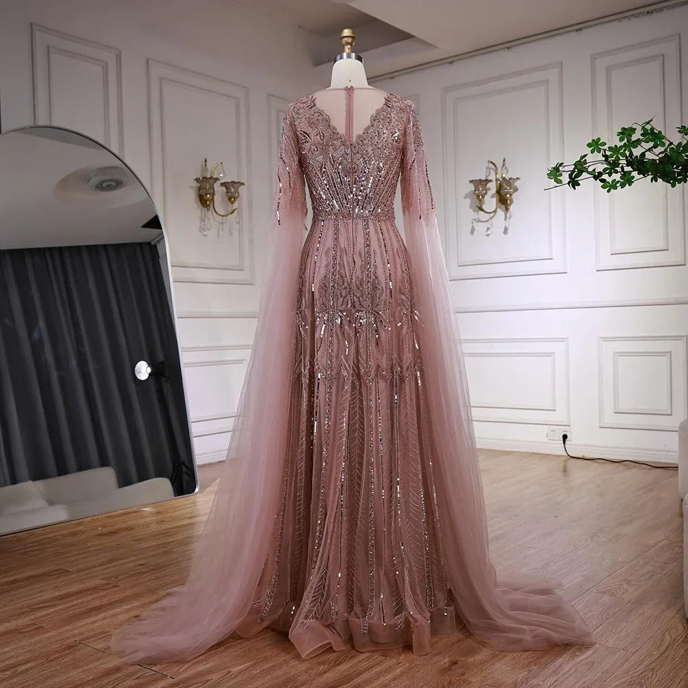 Luxury Elegant Rose Gold Beaded A Line Evening Dress with Cape Sleeves for Formal Party Serene Hill 2026 Customized CLA73056