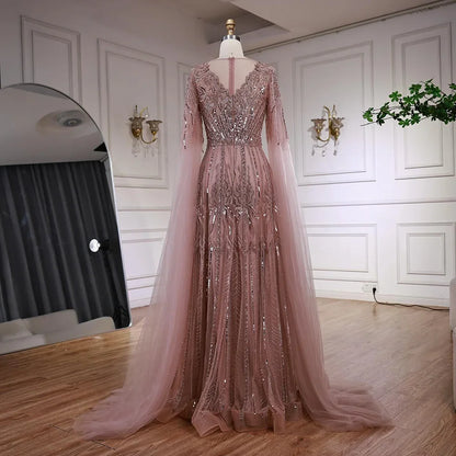 Luxury Elegant Rose Gold Beaded A Line Evening Dress with Cape Sleeves for Formal Party Serene Hill 2026 Customized CLA73056