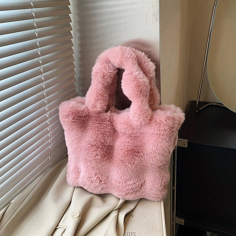 Women's Fluffy Plush Shoulder Bag Autumn Winter Top-Handle Solid Color Tote Versatile Commuter Handbag for Girls