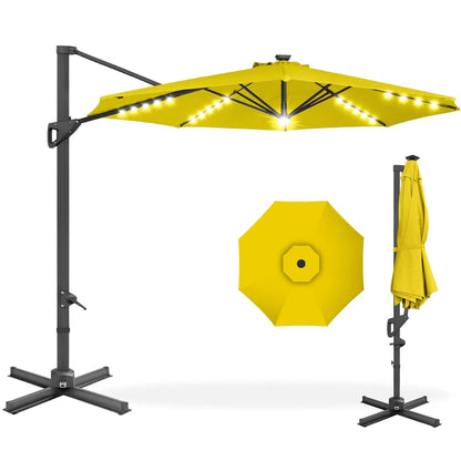 10ft Solar LED Cantilever Patio Umbrella, 360-Degree Rotation Hanging Offset Market Outdoor Sun Shade for Backyard,, Customized